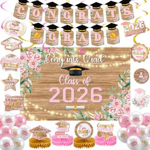 HunnmingRe 34 Pcs Pink Floral Graduation Decorations Set Class of 2026 Backdrop Congrats Grad Banner Balloons Streamers Kit Party Supplies for High School College Celebrations