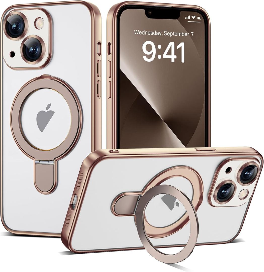 Compatible with iPhone 13 Case with Magnetic Ring Stand [Compatible with Mag-Safe] [Full Camera Lens Protector] Soft Plating Clear Phone Case for iPhone 13 6.1", Desert Gold