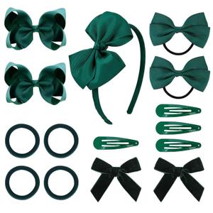 DEEKA Dark Green Uniform 15 Pieces Hair Accessories Set - Hair Bows, Hair Clips, Headband, Hair Ties for Little Toddler School Girls