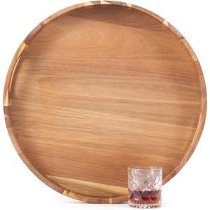 Large Ottoman Tray Round, 20" Extra Large Wooden Serving Tray with Handles, Acacia Wood Decorative Tray Wooden Trays for Living Room Ottoman, Food Serving, Breakfast, Dinner, Appetizers, Size: 20"