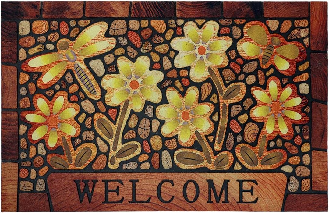 Durable Welcome Door Mats 24”x36” – Heavy Duty Non-Slip Rubber Outside Door Mat Large Front Outdoor Mat for Home Entrance, Porch, Patio, Garage and High Traffic Areas,Dragonfly Flower