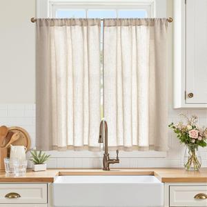 jinchan Kitchen Curtains Linen Tier Curtains 45 Inch Farmhouse Cafe Drapes for Small Window Flax Country Rustic Rod Pocket Bathroom Laundry Room RV Light Filtering 2 Panels Crude
