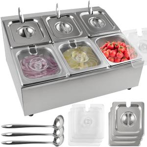 6 Pans Spice Rack Shelf 2 Row Stainless Steel Spice Organizer Stand with Lids Spoons Countertop Inclined Holder Buffet Containers Set for Sauce Jam Fruits Ingredient Kitchen Restaurant Pantry