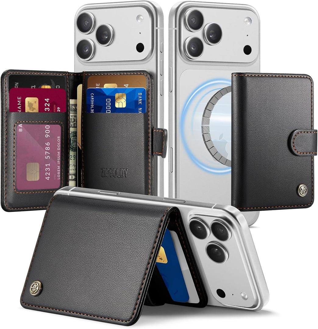 for Magsafe Wallet, Magnetic Phone Wallet with RFID Blocking 6-Card Holder for Men Women Minimalist Slim PU Leather Kickstand for iPhone 17 Air 16 15 14 13 12 Pro Max Plus, Elegant Black