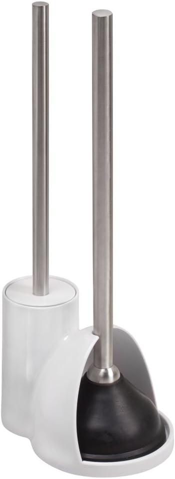 iDesign Plastic Toilet Bowl Plunger Set, Slim Compact Combo, 7.5" x 6" x 19", White and Brushed Stainless Steel