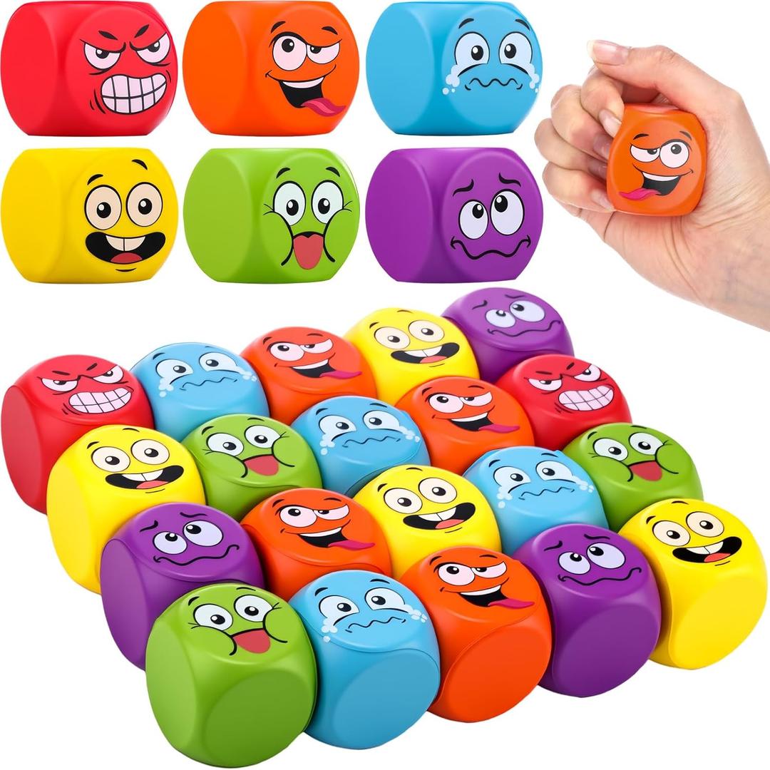 Blulu 24 Pcs Stress Balls Fidget Toys for Kids Foam Cubes Squeeze Stress Ball with Emotion Square Dice Shaped Foam Fidget Relief Toys for Kids Adults Autism Classroom School Supplies Learning Prize
