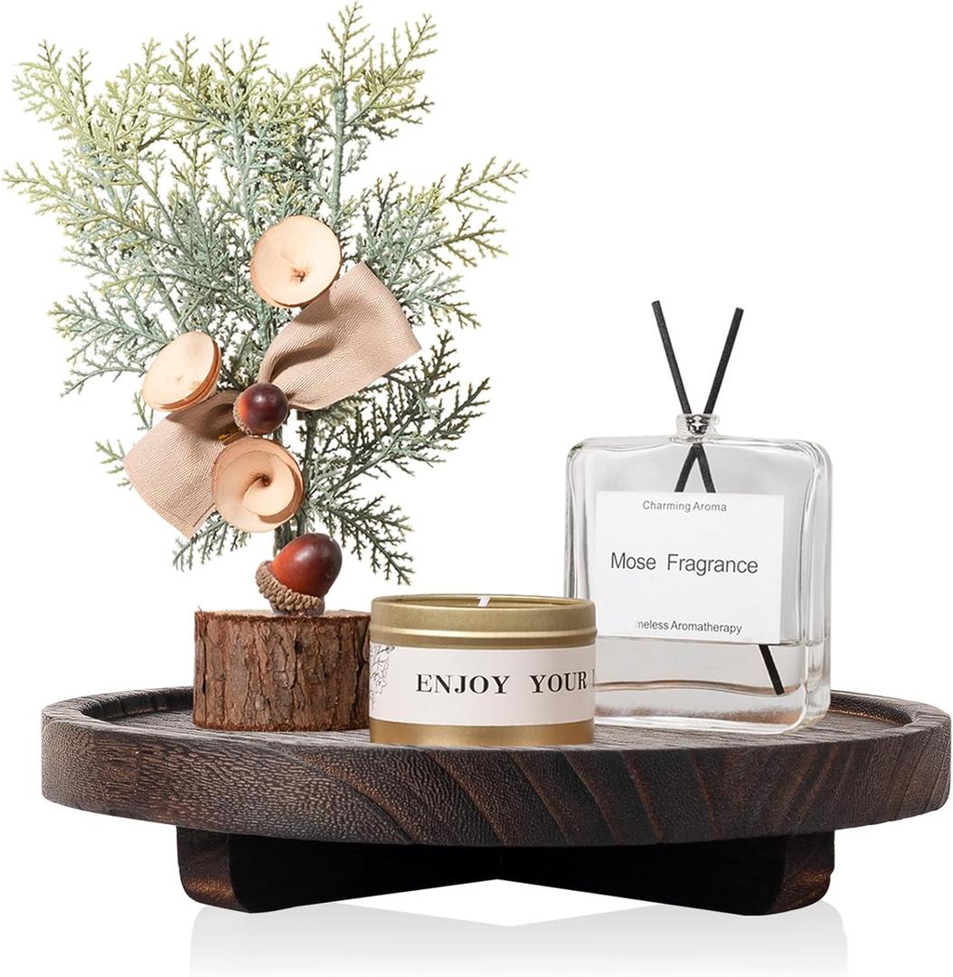 Round Decorative Tray Wood Bathroom Counter Organizer Farmhouse Kitchen Decor Wooden Riser for Soap Dish, Perfume, Candle, Sponge, 8" - Bark Brown