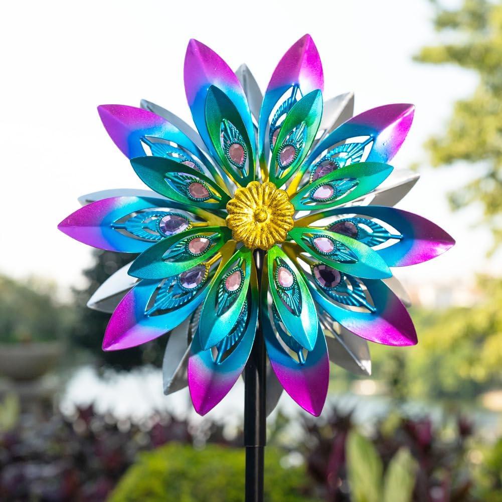 360 Metal Wind Spinner Outdoor,13" Kinetic Wind Sculptures for Yard and Garden with Metal Stak,Large Waterproof Pinwheels Gift for Women, Mom, Grandama