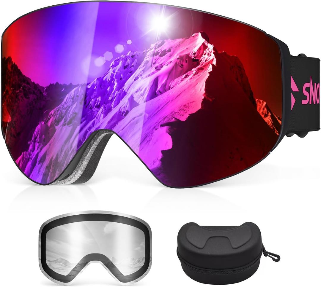 Ski Goggles, Snowboard Goggles with 2 UV400 Anti-Fog Detachable Magnet Lenses for Men & Women Adult, Ver. 2 Burgundy (vlt 17%) +clear (vlt 83.5%)