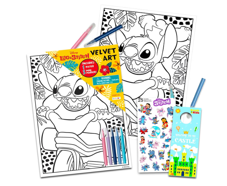 4pcs Disney Lilo and Stitch Velvet Coloring Poster for Kids - Bundle with Stitch Velvet Art Coloring Page Plus Markers, Stickers, More | Stitch Fuzzy Velvet Coloring Sheet