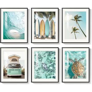 Framed Coastal Beach Wall Art for Living Room, 6 Pcs Ocean Wave Surfboard Palm Tree Sea Turtle Canvas Artwork, Teal Green Summer Seascape Picture Print for Dining Room Bedroom Wall Decor, 11x14 Inch