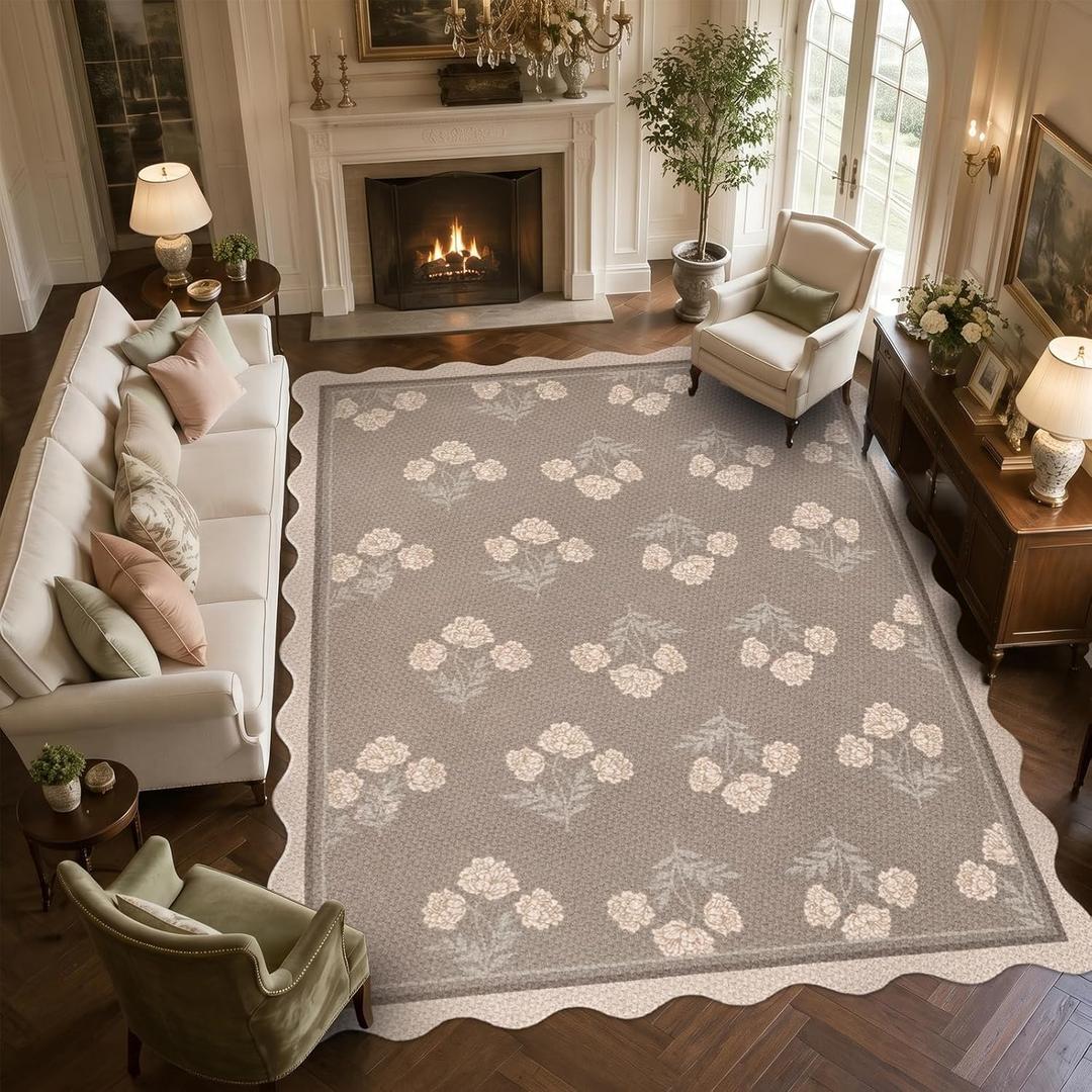 8x10 Scalloped Easy Jute Area Rug, Vintage Tan Neutral Floral Washable Non-Slip Indoor Outdoor Carpet, Farmhouse Rug for Living Room Bedroom Entryway Kitchen Patio