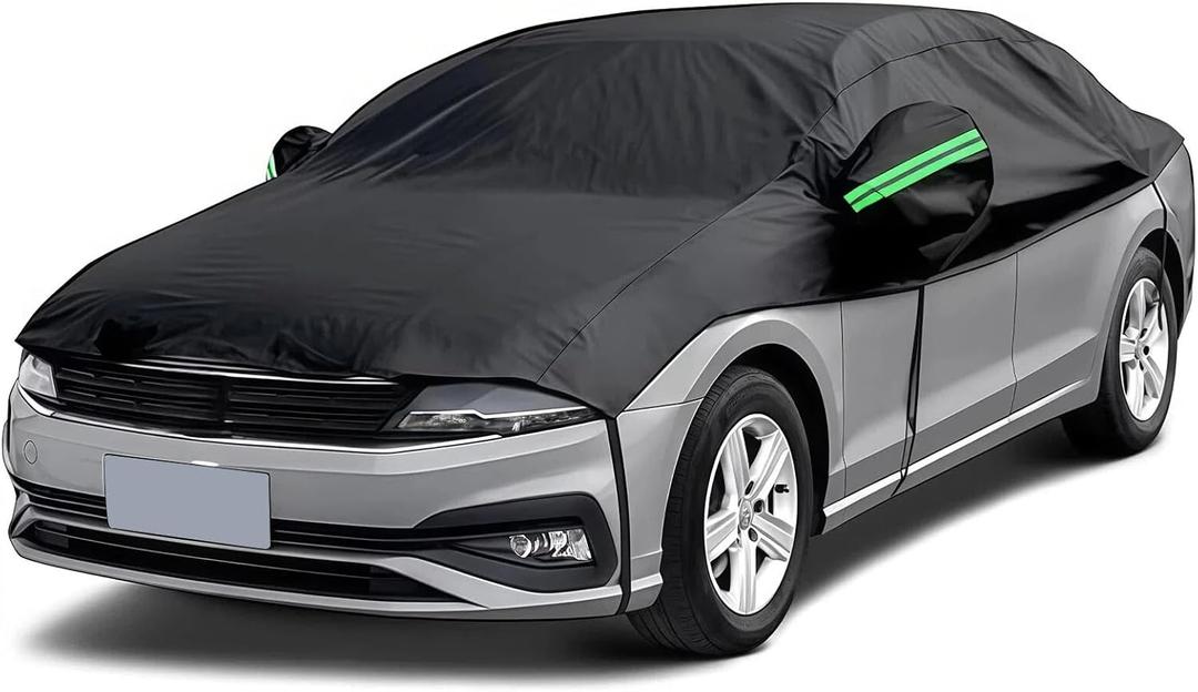 Half Car Cover, Waterproof Windshield Cover for Ice and Snow with Cotton Liner, All Weather Vehicle Body Protector with Reflective Straps for Sun, Rain, Dust, Frost, Fit SUV (YL) (Black)