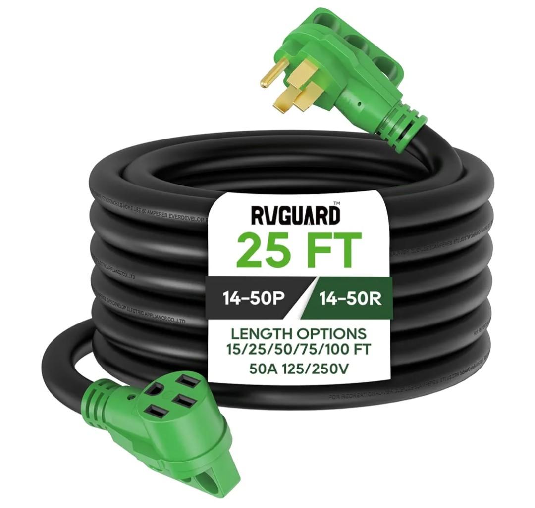 RVGUARD 50 Amp 25 Foot RV/EV Extension Cord, NEMA 14-50P/R Heavy Duty Extension Cord with LED Power Indicator and Cord Organizer, Green, ETL Listed