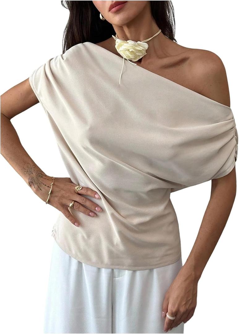 SweatyRocks Women's Off The Shoulder Ruched T Shirts Cinched Waist Dressy Casual Going Out Outfits