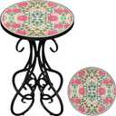 Gadroad Round Side Table, Patio Table and Plant Stand Outdoor, Small Porch Table 14" Tempered Glass Tabletop & Black Metal Frame for Yard Porch Balcony Garden Bedside, Rose 15.4 * 15.4 * 23.6inches