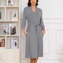Women's Kimono Robe Deluxe Knit Bathrobe Lightweight Soft Sleepwear V Neck Ultimate Comfort Warmth Perfect House Robe (Gray, L)