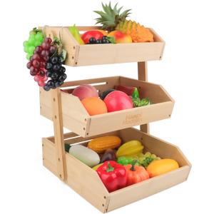 3 Tier Fruit Basket for Kitchen Counter, Bamboo Fruit and Vegetable Storage Rack, Kitchen Organizer and Storage, Vegetable Baskets for Kitchen, Fruit Organizer, Frutero para Cocina