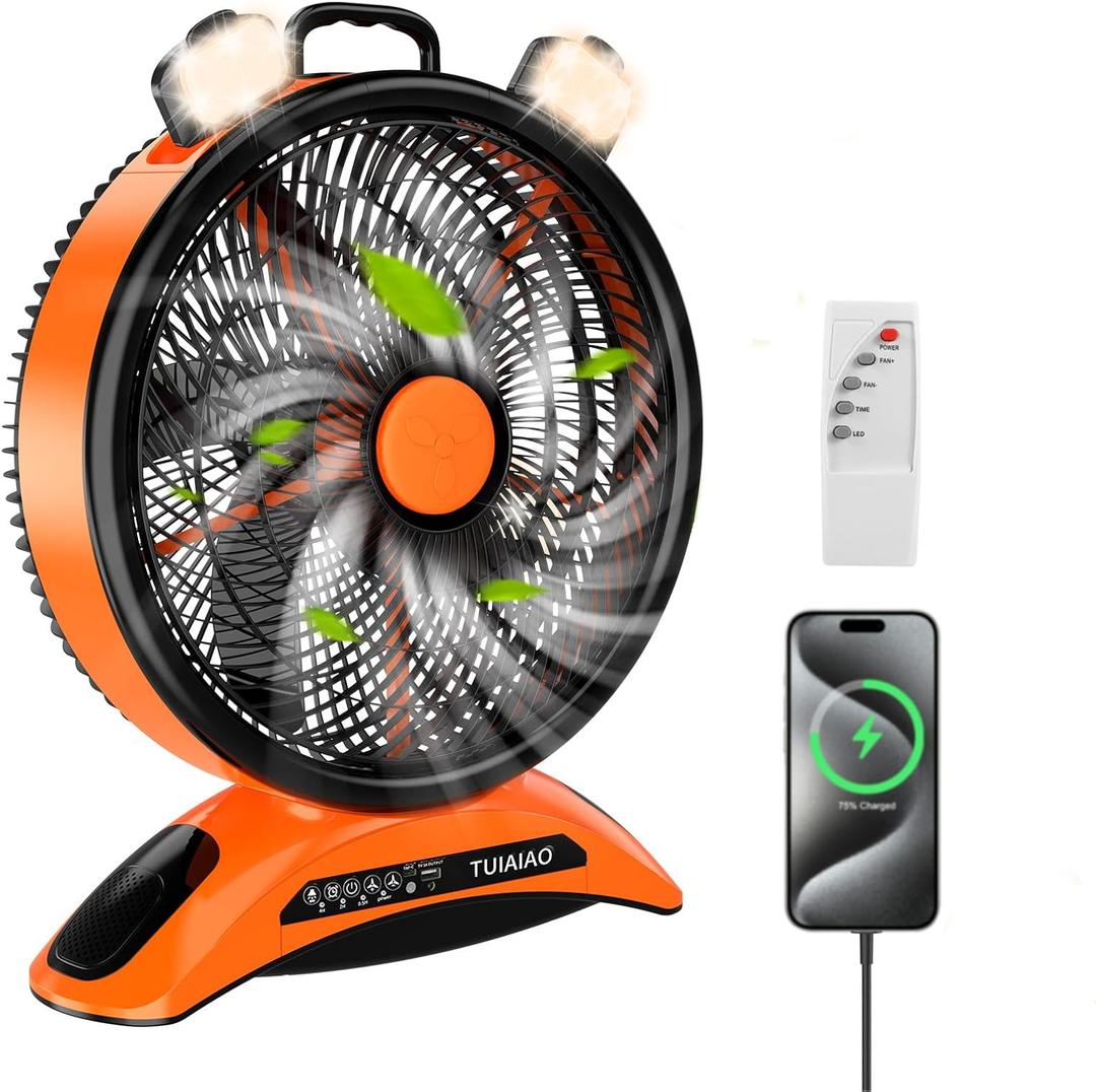 Extra Large Size Camping Fan, 45000mAh Battery Rechargeable Portable Fan, 12-Inch Blade & 830CFM High Velocity Airflow, Timer, Remote, Cordless for BBQ RV Tent Garage Patio Outdoor & Indoor (Orange)