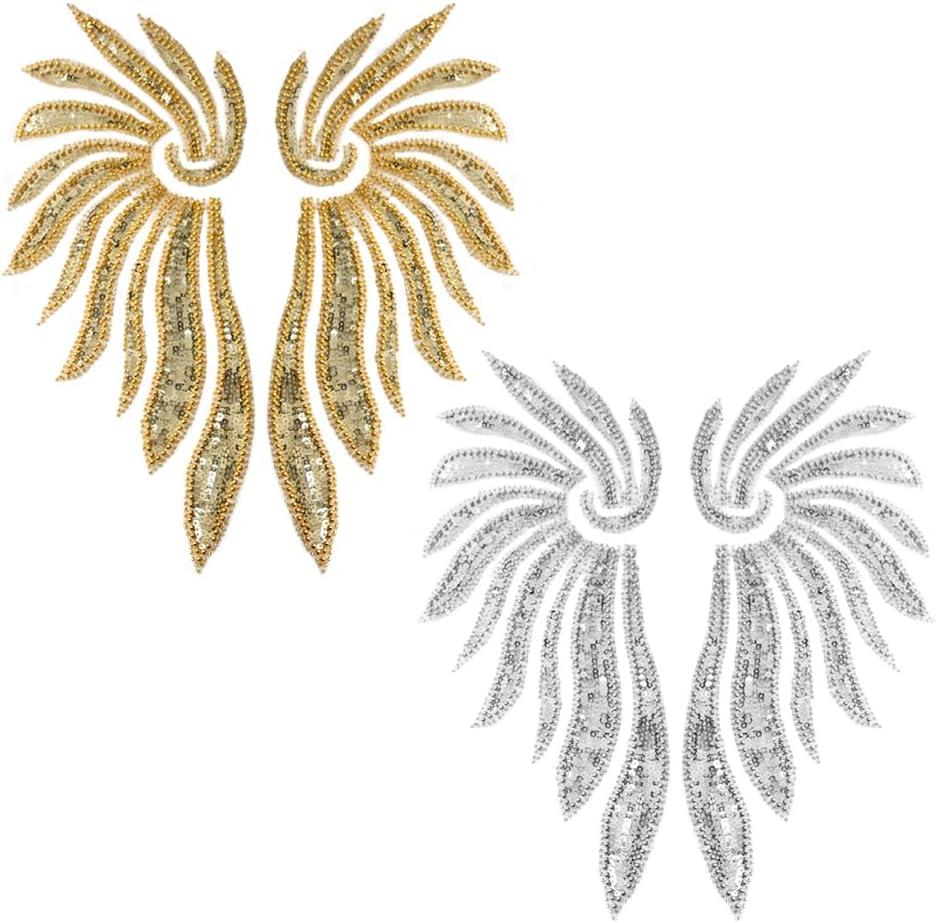 2Pairs/4pcs Golden Silver Wings Hand Stitched Sequin Beading Embroidered Lace Applique for Party Wedding Dress Clothing Shoulder Accessories