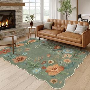 Lahome Floral Living Room Rugs, Area Rugs 5x7 Rug for Bedroom Ultra-Thin Soft Rug, Non-Slip Washable Rugs Stain Resistant Boho Rug Low-Pile Throw Rug for Dining Room Office (5x7ft,Green) (5'x7')