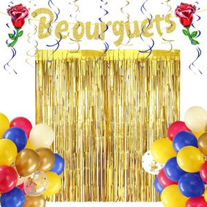Soulchen 105 Pcs Beauty Birthday Party Decorations Gold Be Our Guest Banner Blue Yellow Rose Balloons Fringe Curtain Gold Princess Birthday Party Decoration for Bridal Wedding Engagement Decor