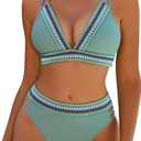 Blooming Jelly Womens High Waisted Bikini Sets Color Block Two Piece Swimsuit V Neck Crisscross Back Bathing Suit (X-Large, Green)