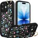 Compatible with iPhone 17 Case with Wrist Strap, Cute Floral Design for Women Girls, Soft TPU Silicone Case, Adjustable Wristband Kickstand Raised Camera Protection Cover, Black
