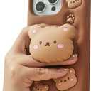 TUFTA Kawaii 3D Teddy Bear Phone Case for iPhone 14 Pro Max (with Retractable Phone Stand & Grip) Cute Girly Cartoon Soft Silicone Phone Cover for Girls, Kids, Teens, and Women, Brown