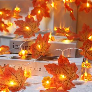 2 Pack Fall Decorations for Home Maple Leaf Pumpkin Lights, Total 20Ft 40 LED Battery Operated 3D Pumpkin Fall Leaves Garland String Light for Mantel Porch Indoor Outdoor Halloween Thanksgiving Decor