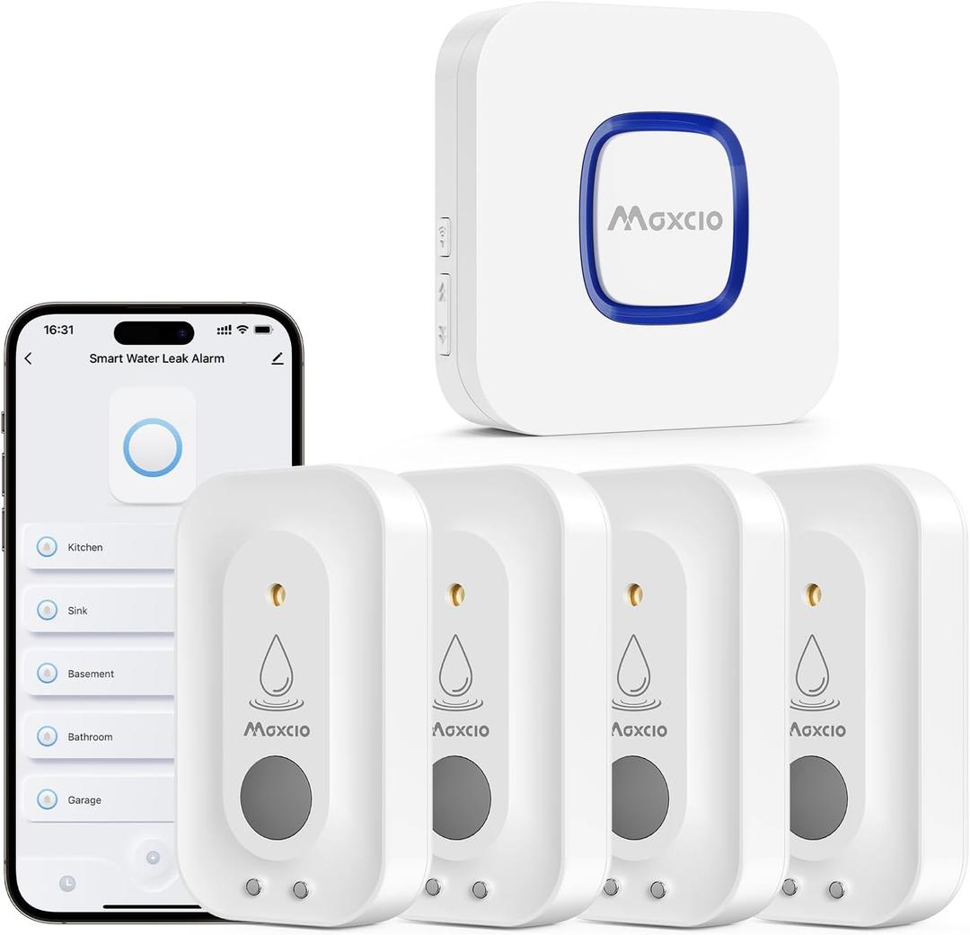 MAXCIO Wi-Fi Water Leak Detector 4 Pack, Smart Water Wireless Sensor with 110dB Adjustable Alarm, APP, SMS, Phone Notifications, 1640ft Transmission Range, Suitable for Basement, Bathroom, and Kitchen