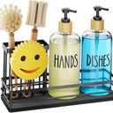 Moforoco Kitchen Dish Soap Dispenser Set, 16OZ Glass Bottle, Hand and Dish Soap Dispenser Set, Instant Dry Tray, Non-Slip Silicone Pad, Brush Holder with Sponge Holder, Kitchen DecorClear Bottle