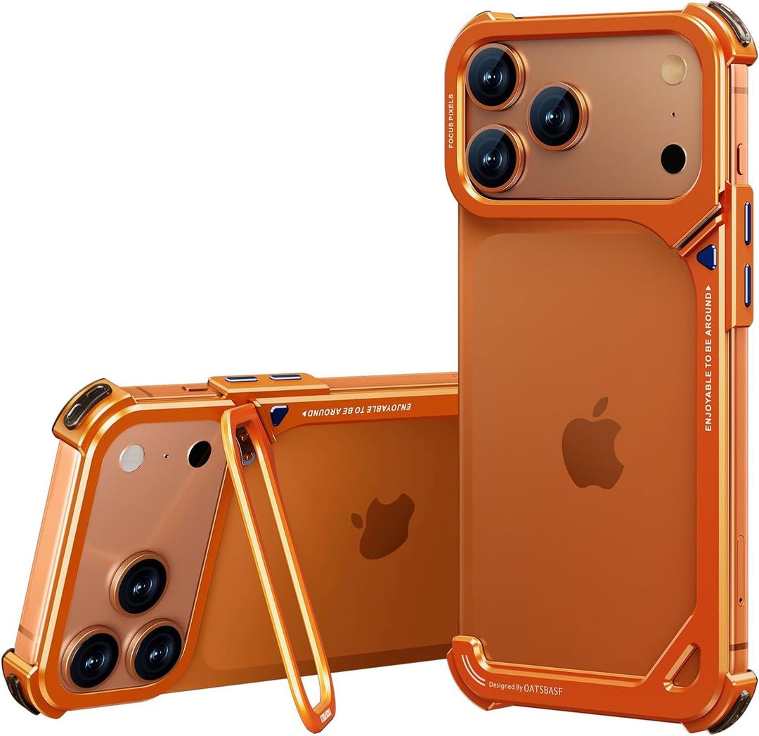 OATSBASF 9 Case for iPhone 17 Pro Bumper Case Metal, Aluminum Frame Slim Fit No Back Design, Compatible with MagSafe, Shockproof Protection, Minimalist Frameless Phone Case, Orange (Orange-Camera stand)