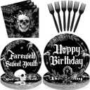 96 Pcs Gothic Birthday Party Decorations Black White Skull Goth Skeleton Plates and Napkins Tableware Sets Farewell Sweet Youth Gothic Theme Decorations for Girls Birthday Party Supplies Serve 24