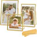 Set of 3 Glass Pressed Flowers Frame Collection, 4"x4", 4"x6", 5"x7" Gold Metal Floating Standing Glass Picture Frames, Tabletop Pressed Glass Artwork Frame Home Decor Photo Display