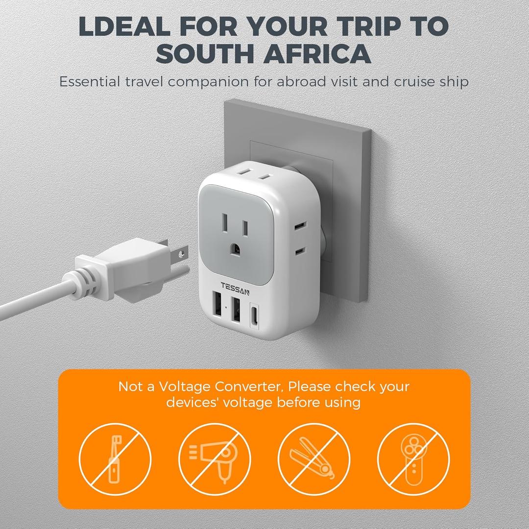 South Africa Plug Adapter 1 Pack, TESSAN Type M Power Adapter with 4 AC Outlets 3 USB Ports(1 USB C), Travel Adaptor US to Botswana Namibia Nepal Bhutan