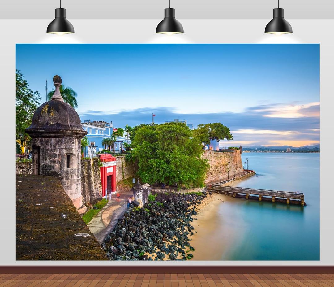 BELECO 7x5ft Fabric San Juan Backdrop Puerto Rico Caribbean Coast Along Paseo de la Princesa Background for Party Decorations Home Wall Decor Photoshoot Studio Props