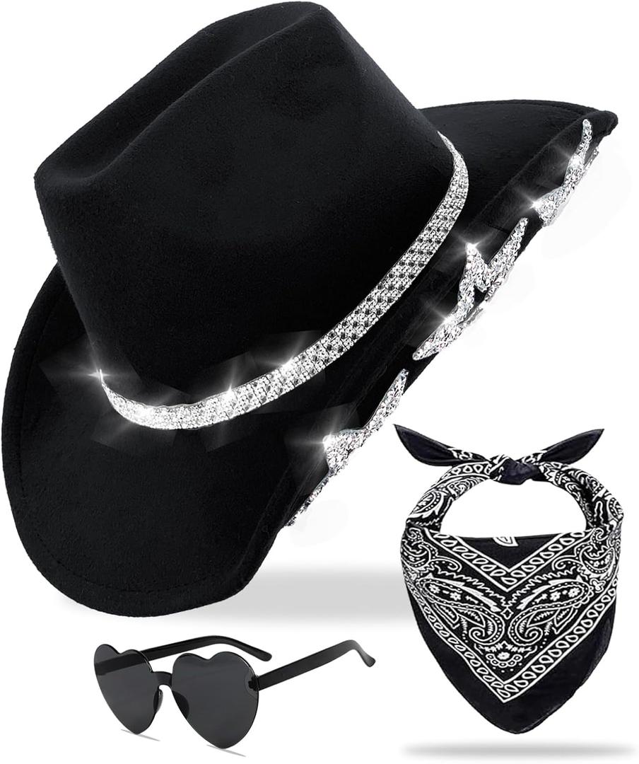 Cowboy Hat for Women Men 6 Sparkly Stars Brim & Rhinestone Belt Western Cowgirl Hat with Sunglasses Bandanas (Medium, Black)