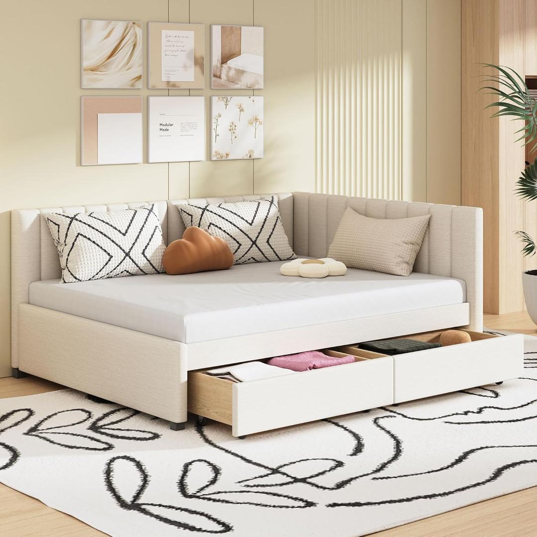 Merax Full Size Daybed Frame Wooden Corner Daybed with Drawers, Full Linen Upholstered Corner Bed Frame with Storage for Kids Bedroom Living Room, Beige