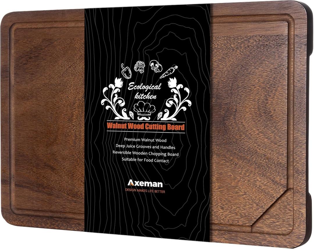 Axeman Walnut Wood Cutting Board 24x18" with Juice Groove for Kitchen Countertop, USA-Sourced Thick American Black-Walnut Wooden Chopping Board Charcuterie Board Butcher Block for Meat Vegetables