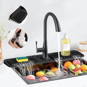 PoYang 24 inch Faucet Mat for Kitchen Sink Splash Guard, 7 Slope Silicone Sink Water Splash Guard for Kitchen Sink Area with Snap Button, Longer Sink Protectors for kitchen Sink Sponge Holder, Black (23.8" x 5.5")