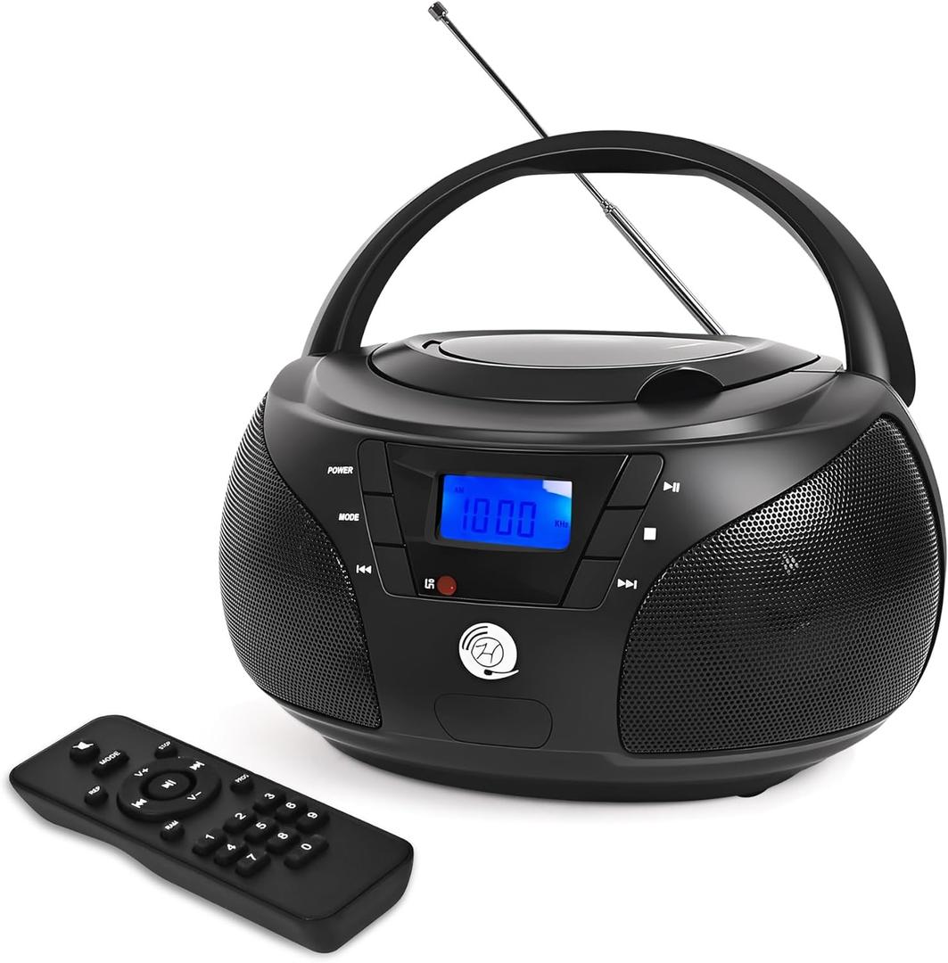 Portable CD Player Boombox with Bluetooth, FM Radio, USB Playback, Stereo Sound, Remote Control, Home Stereo Music System for Seniors and Family Gatherings (Black)