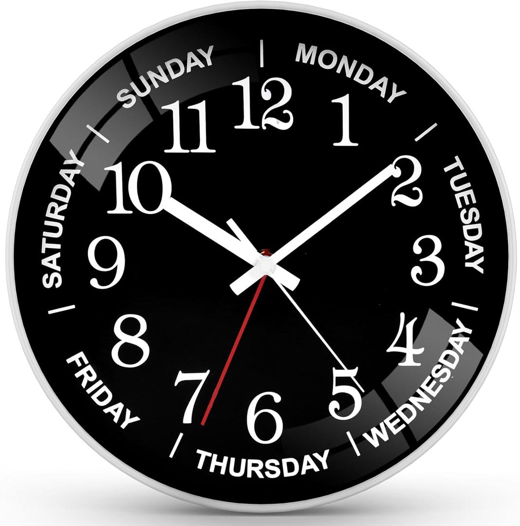 QINFIEY 12 Inch Day of Week Wall Clock, Non Ticking Modern Clocks Battery OperatedAnalog Day Clock for Seniors EldlyClassic for Office Home Classroom Bedroom School,Unique Gift Clock
