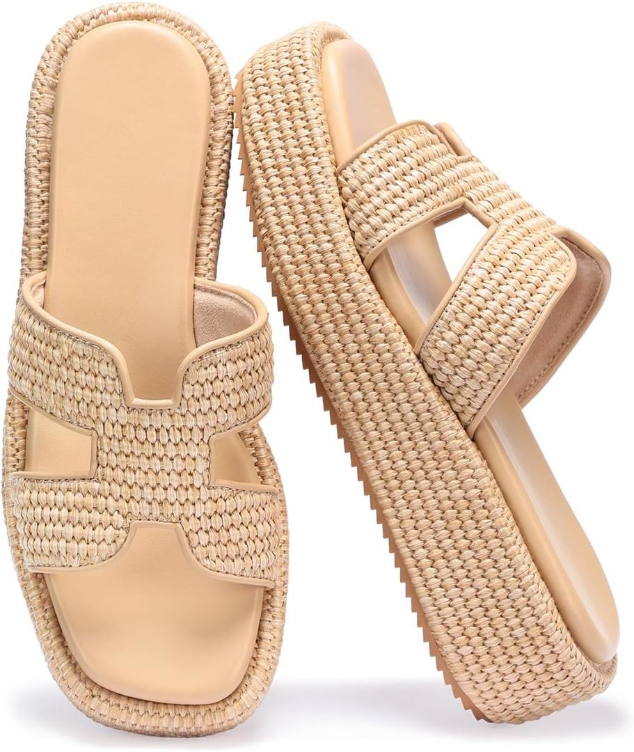 Monrovia Raffia Platform Sandals for Women Slip-On Espadrille Wedges Slides, Flatform Woven Straw Summer Vacation Beach Shoes