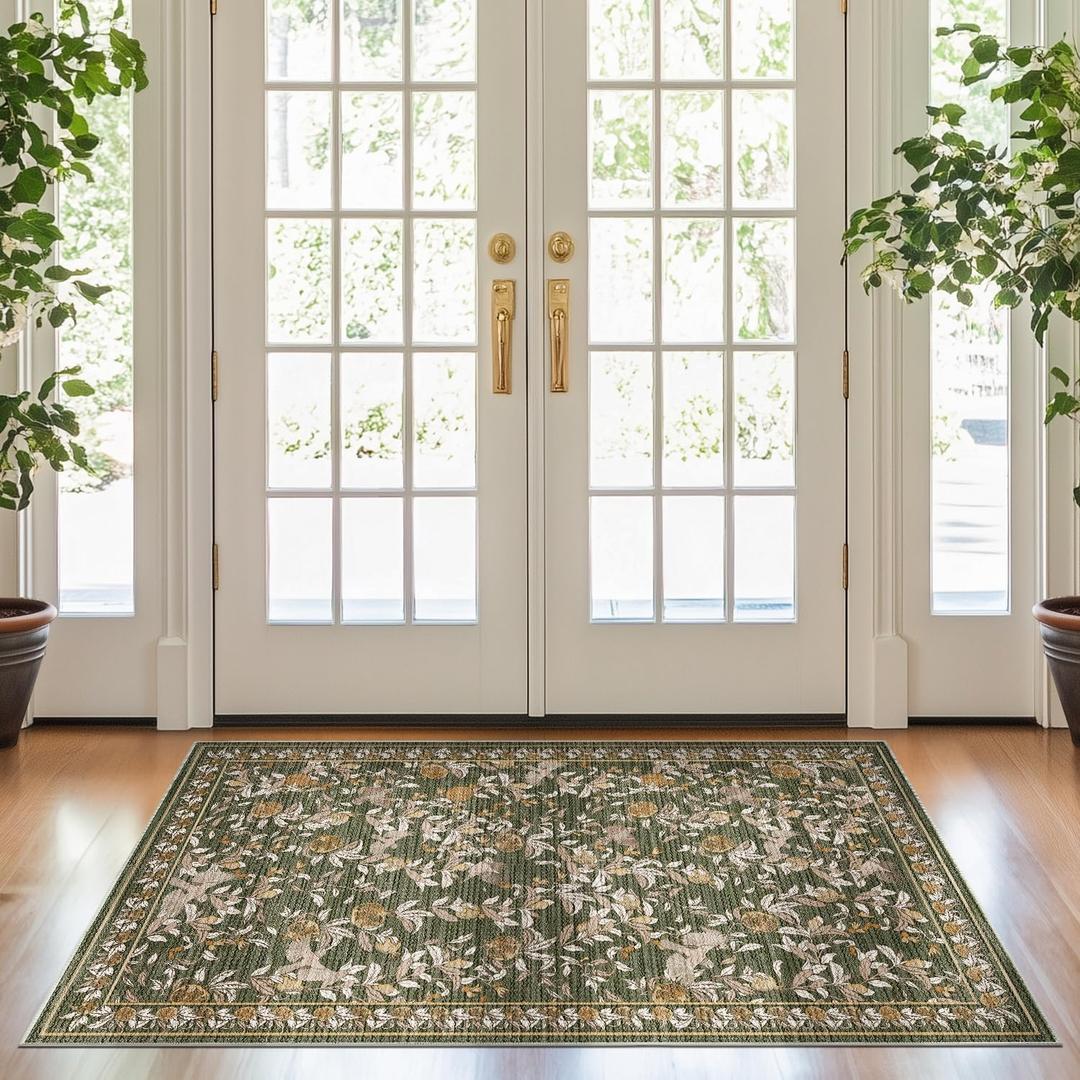 jinchan Eden Floral Washable Area Rug 3x5 Entryway Rug Vintage Lightweight Soft Non-Slip Indoor Low Pile Distressed Green Carpet for Living Room Kitchen Bedroom Entrance Laundry Nursery