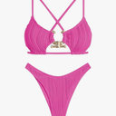 ZAFUL Women's Sexy Cutout Bikini Set High Cut Textured Metal Ring Cheeky Swimsuit Two Piece Bathing Suit, L