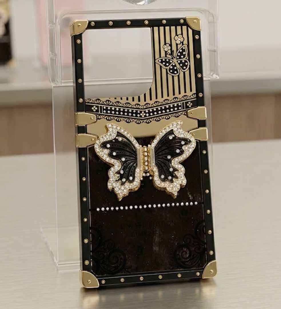 Cute Compatible with iPhone 14 Pro Case, Luxury Bling Butterfly Design with Foldable Stand Kickstand for Women & Girls, Glossy Mirror Shockproof Protective Case 6.1 (Black)