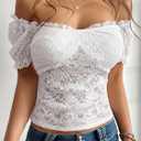 Lace Tops for Women Off Shoulder Going Out Tops Sexy Sheer Mesh Puff Short Sleeve Summer Crop Floral Corset Top (White, XL)