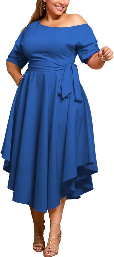 Plus Size Women Wedding Guest Dress Off Shoulder Boat Neck Irregularly Flowy Midi Church Dress, Size XXL