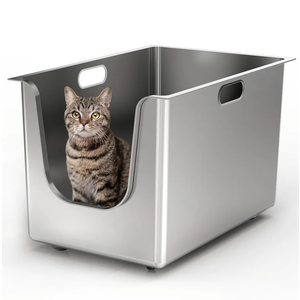 Stainless Steel Litter Box 13.7'' High Sides, XL Metal Cat Litter Box with Curved Low Entry, Cat Litter Pan for Big & Multiple Cats, Pet Toliet with Handy Wheels for Easy Moving